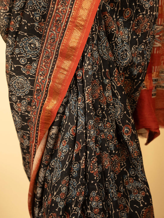 Black Color Chanderi Block Printed Saree