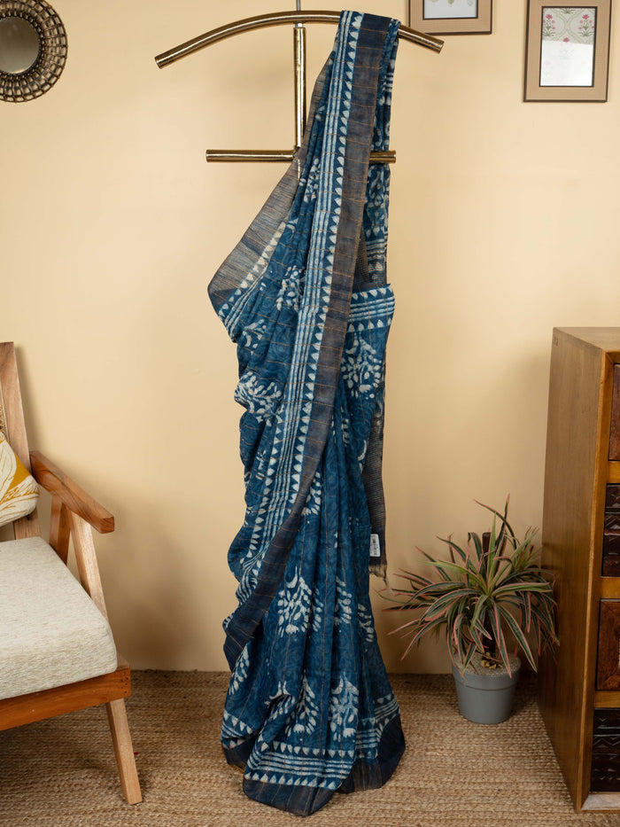 Indigo Chanderi Block Printed Saree