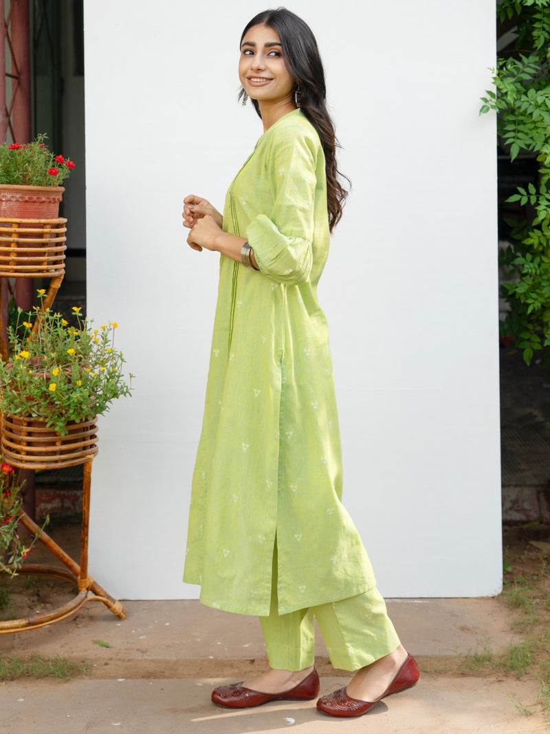 Green Cotton Handloom Kurta Pant Set For Women's