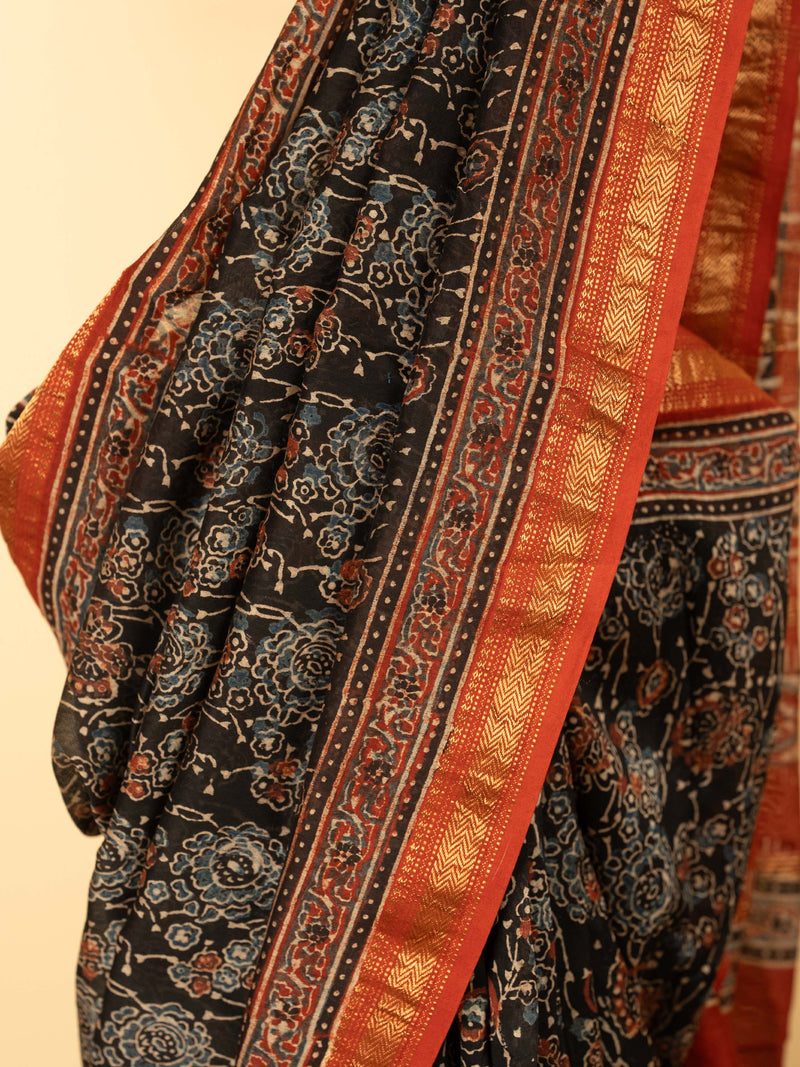 Black Color Chanderi Block Printed Saree