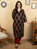 Black Colour Cotton V-Neck Abstract Print Bead Work Kurta For Women's