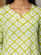 Light Green And White Cotton Round With V-Neck Kurta For Women's