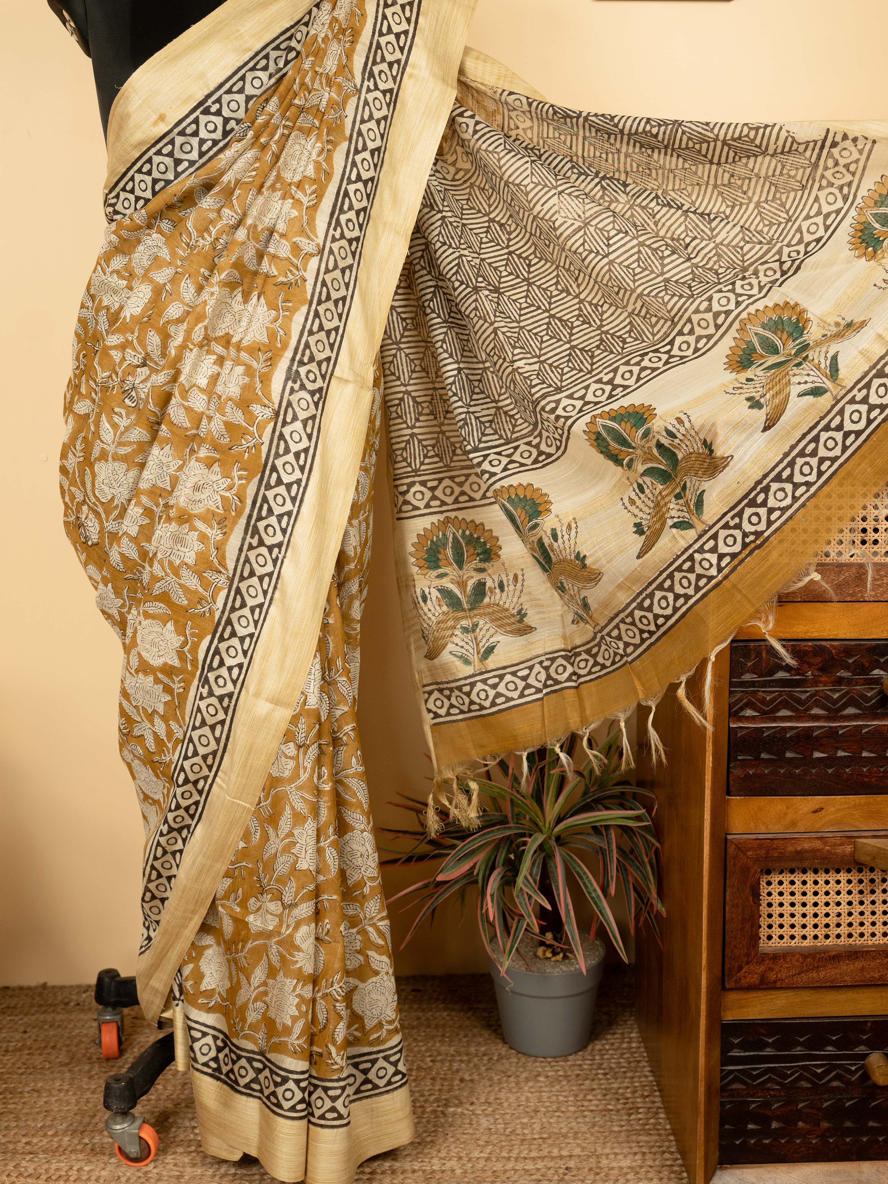 Mustard Yellow  ChanderiBlock Printed Saree