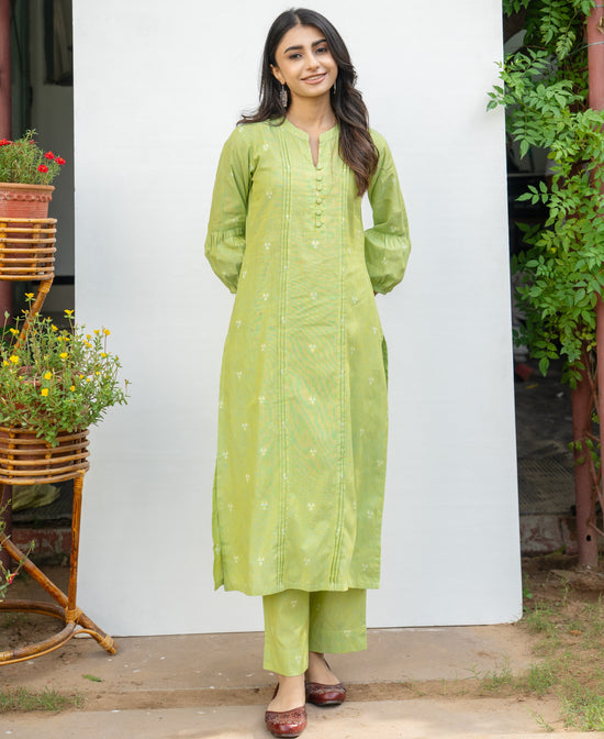 Green Cotton Handloom Kurta Pant Set For Women's