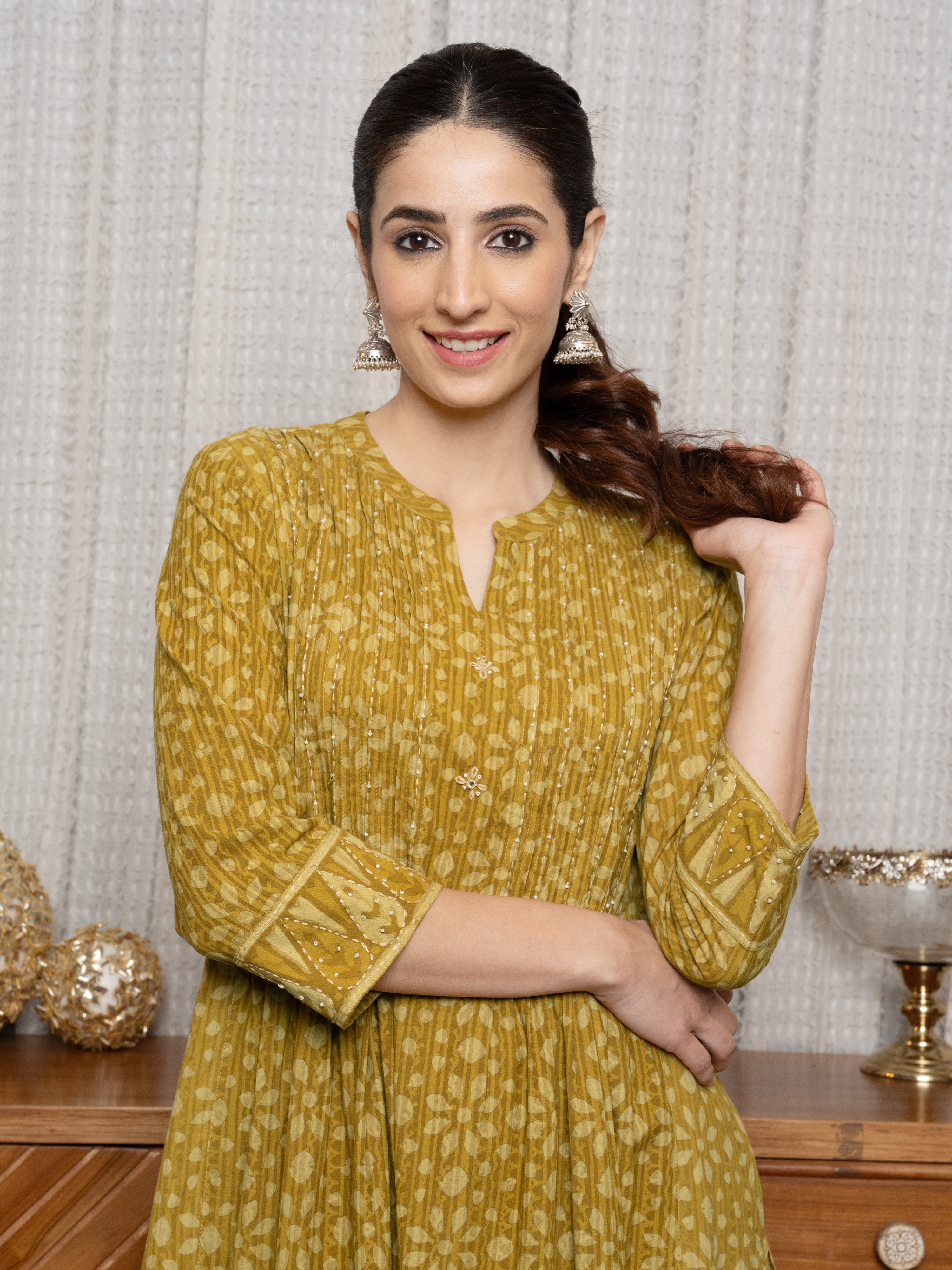 Mustard Colour Cotton Kantha Embroidery Bead Work Handblock Print Kurta For Women's