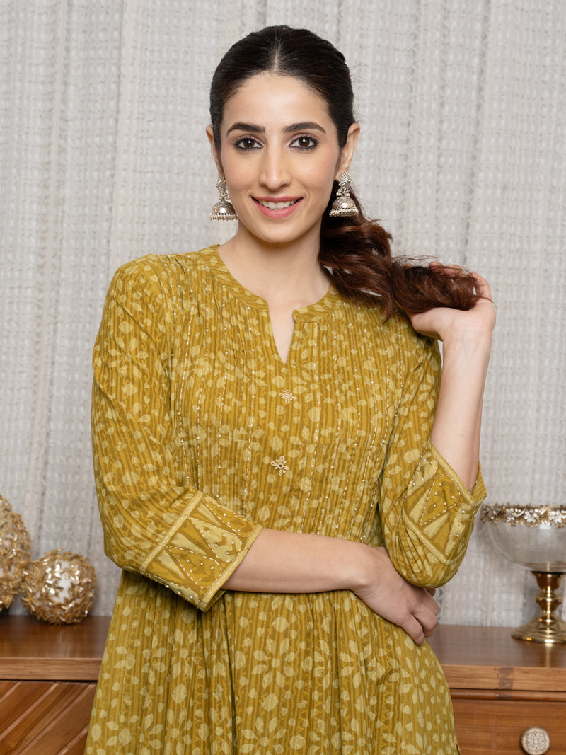 Mustard Colour Cotton Kantha Embroidery Bead Work Handblock Print Kurta For Women's