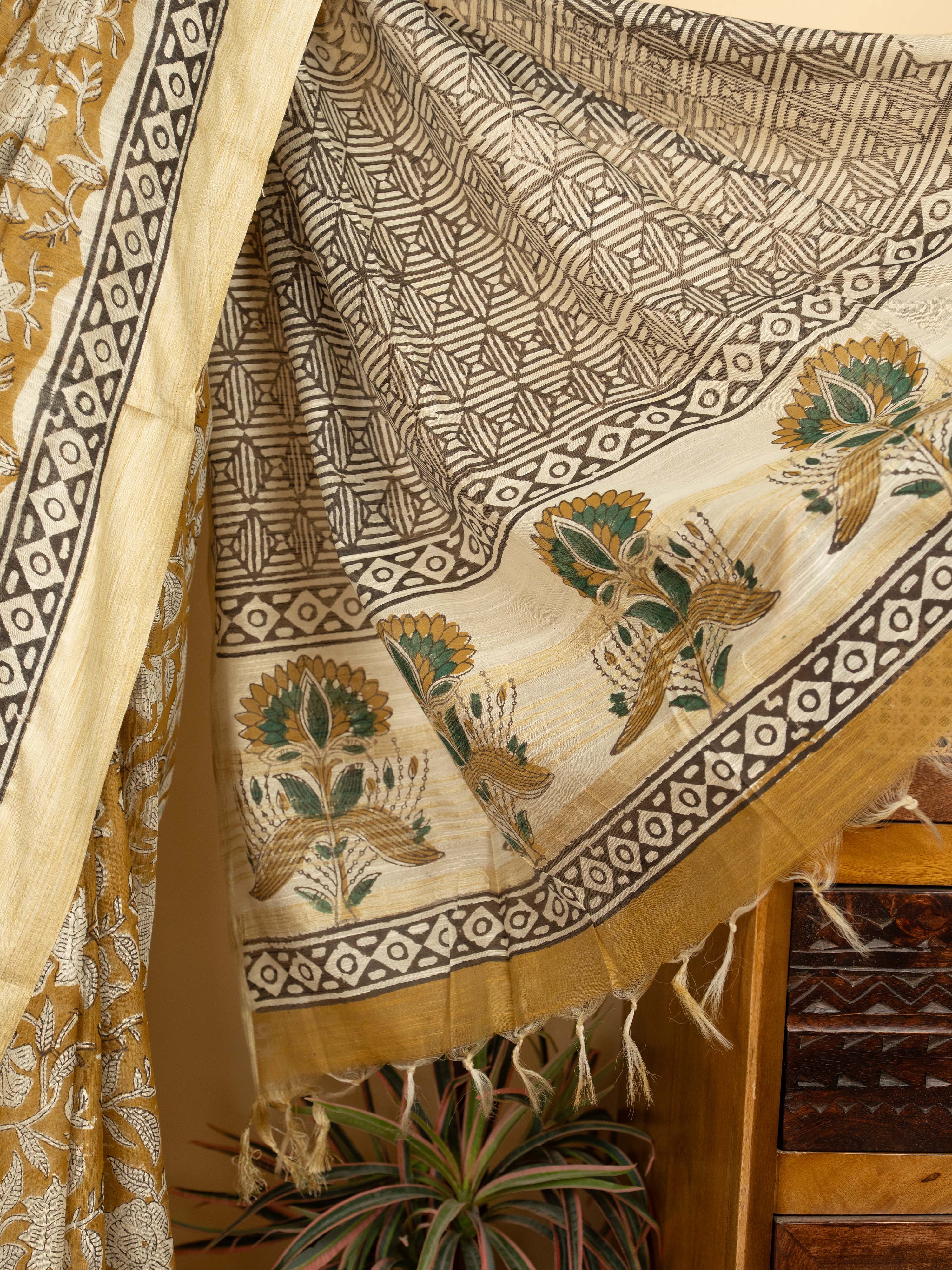 Mustard Yellow  ChanderiBlock Printed Saree
