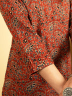 Brick Red Colour Cotton Round With V-Neck Jaal Print Kurta For Women's
