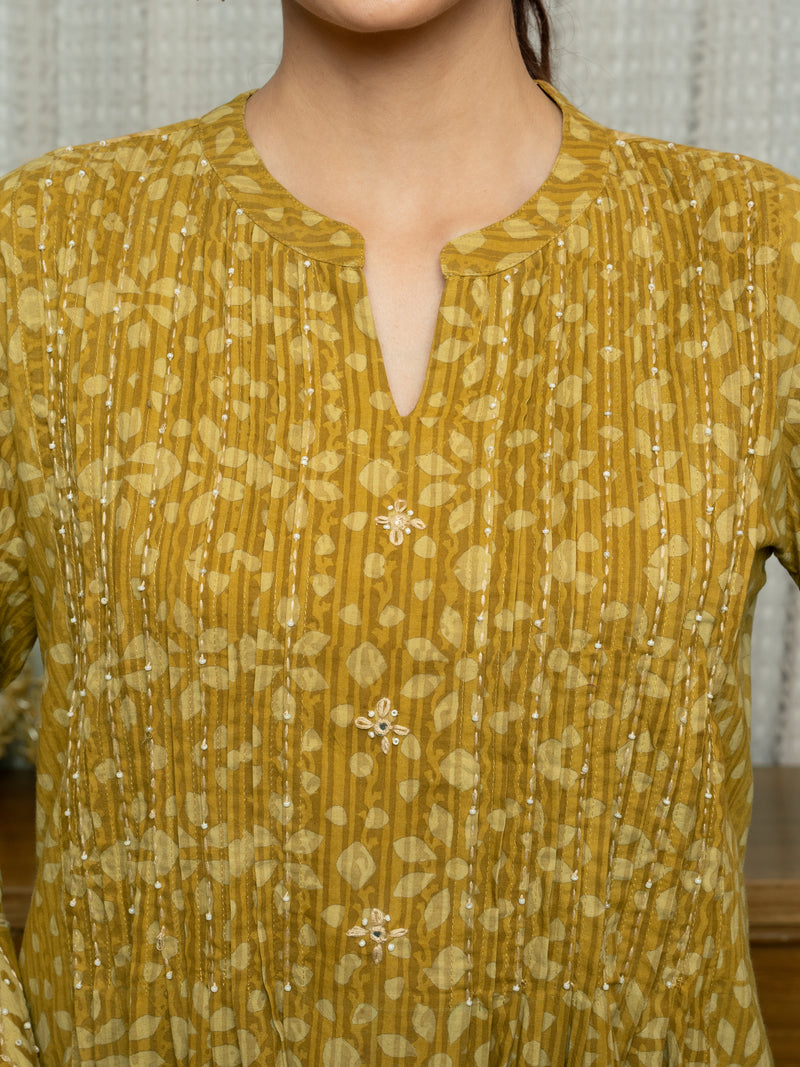 Mustard Colour Cotton Kantha Embroidery Bead Work Handblock Print Kurta For Women's