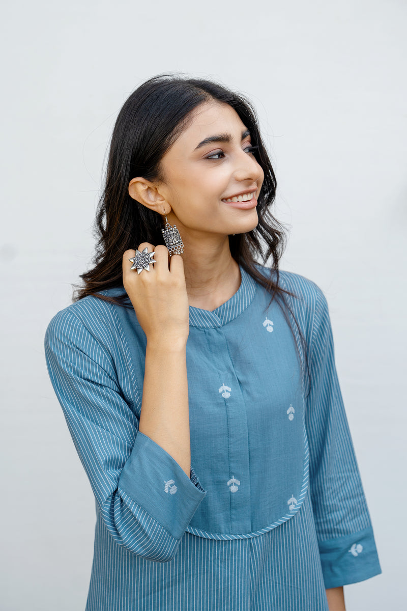 Classic Blue Cotton Kurta Pant Set For Women's