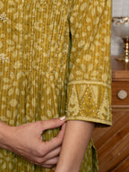 Mustard Colour Cotton Kantha Embroidery Bead Work Handblock Print Kurta For Women's