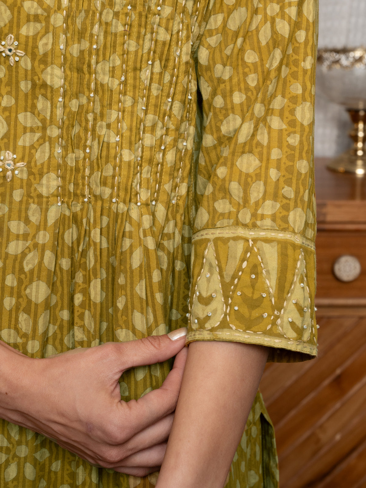 Mustard Colour Cotton Kantha Embroidery Bead Work Handblock Print Kurta For Women's