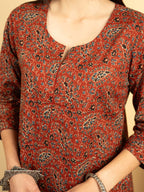 Brick Red Colour Cotton Round With V-Neck Jaal Print Kurta For Women's