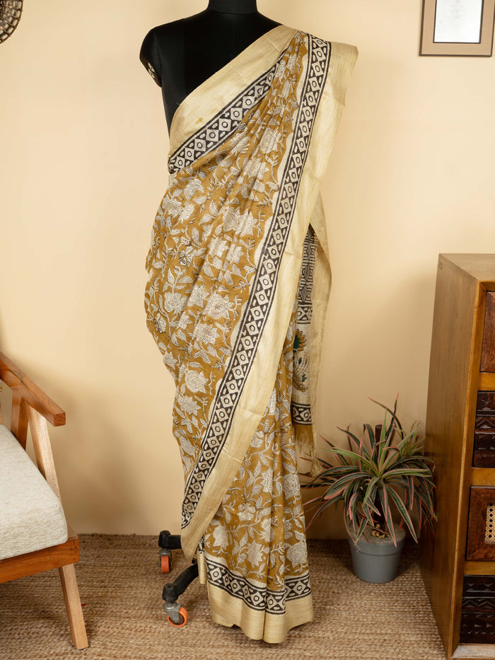 Mustard Yellow Chanderi Block Printed Saree