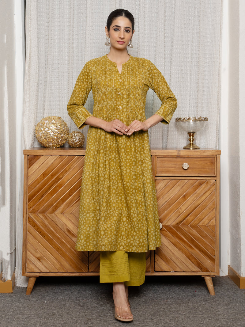 Mustard Colour Cotton Kantha Embroidery Bead Work Handblock Print Kurta For Women's