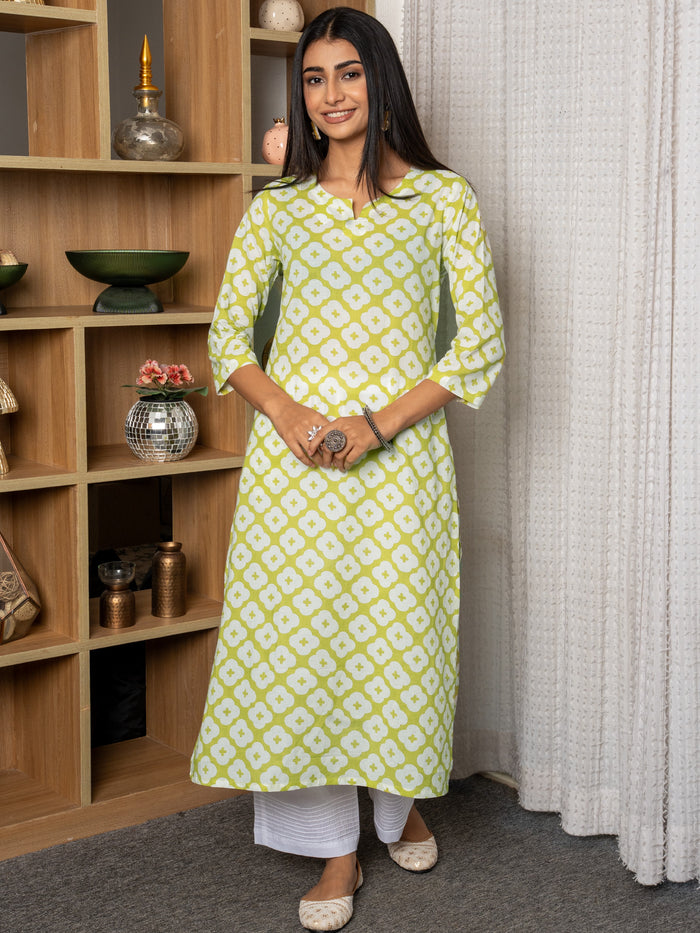 Light Green And White Cotton Round With V-Neck Kurta For Women's