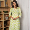 Light Green And White Cotton Round With V-Neck Kurta For Women's