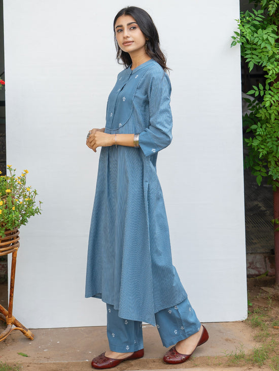 Classic Blue Cotton Kurta Pant Set For Women's