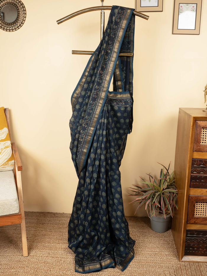 Blue Color Chanderi Block Printed Saree