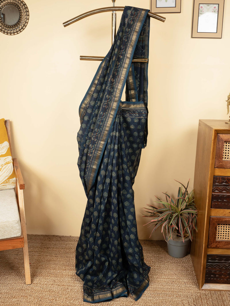 Blue Color Chanderi Block Printed Saree