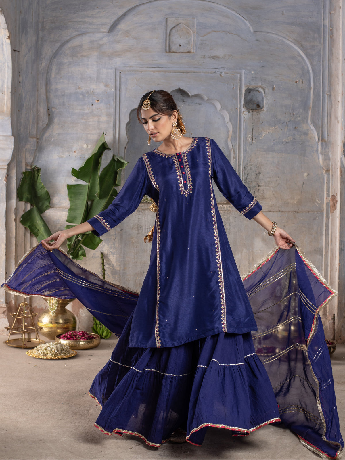 Purplish Blue Chanderi Round Neck Kurta Skirt with Dupatta Set For Women's