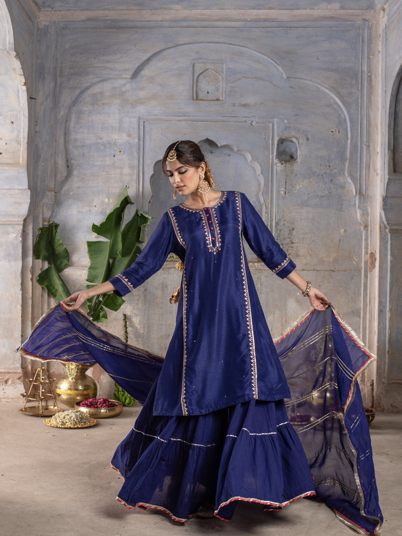 Purplish Blue Chanderi Round Neck Kurta Skirt with Dupatta Set For Women's