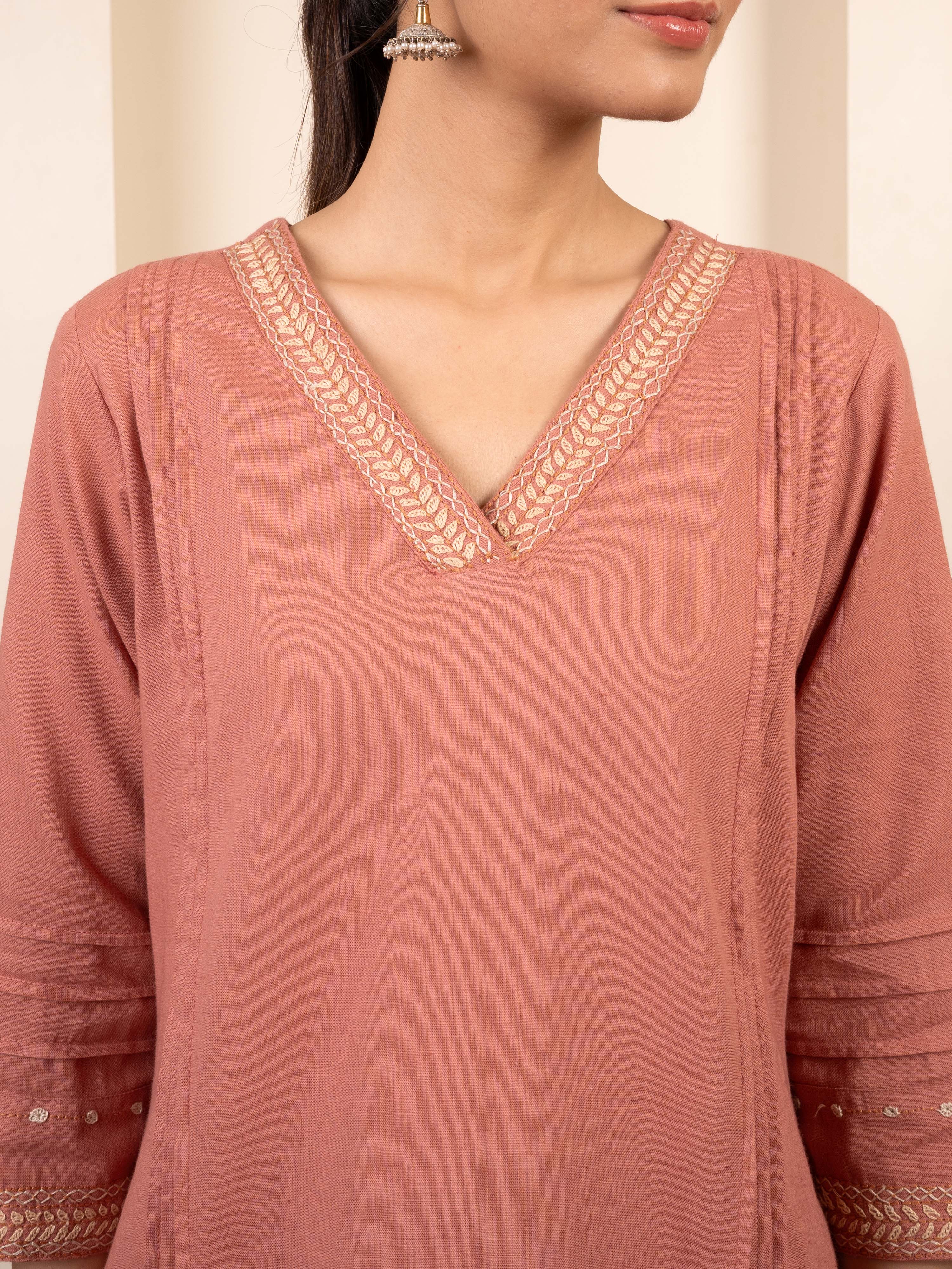 Peach Cotton Flax Hand Embroidery Kurta Pant Set For Women's