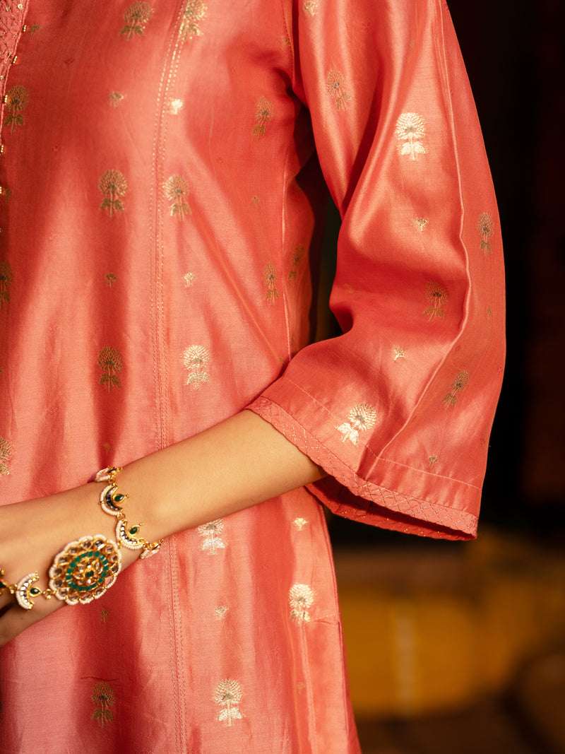 Peach Pure Chanderi Round Neck Complete Suit Set For Women's