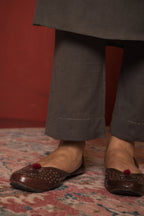 DARK GREY COTTON FLAX ROUND EMBROIDERY ON KURTA AND SLEEVES KURTA PANT SET