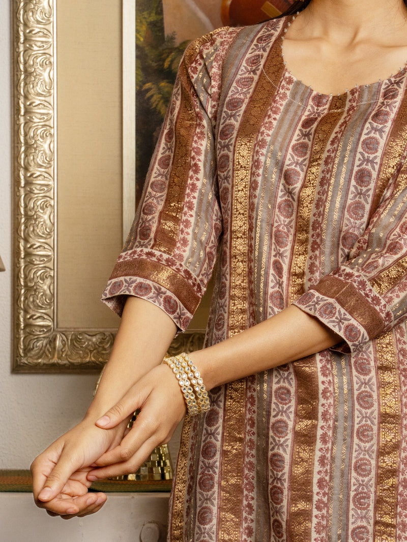 Multi Colour Tussar Silk Handblock Print Round Neck Complete Suit Set For Women's