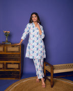 MULTICOLORED STRIPES LINEN BLEND SHIRTCOLLOR NECK FLORAL  KURTA PANT SET