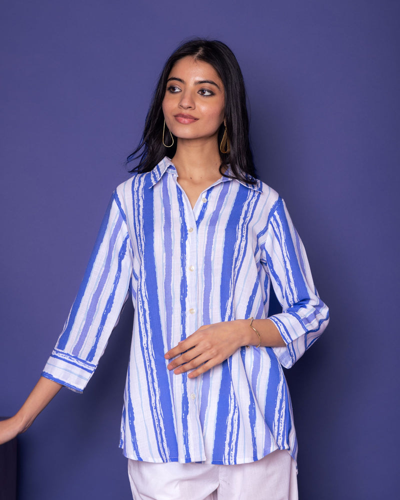 Multicoloured Linen Blend Shirt Collar Strips Short Top For WOMEN'S