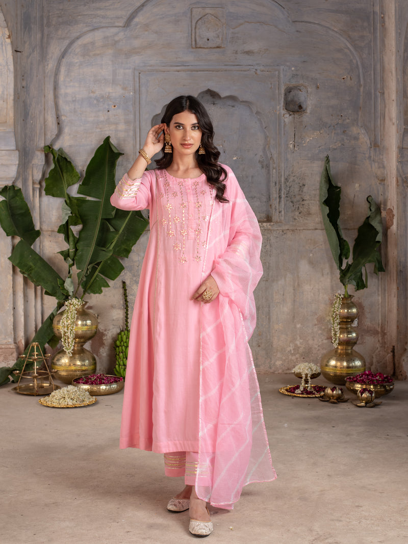 BABY PINK JAM COTTON ROUND NECK HAND DONE LEHERIYA DUPATTA FULL SET