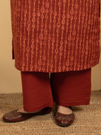 Brick Red Colour Cotton V-Neck Abstract Print Kurta For Women's