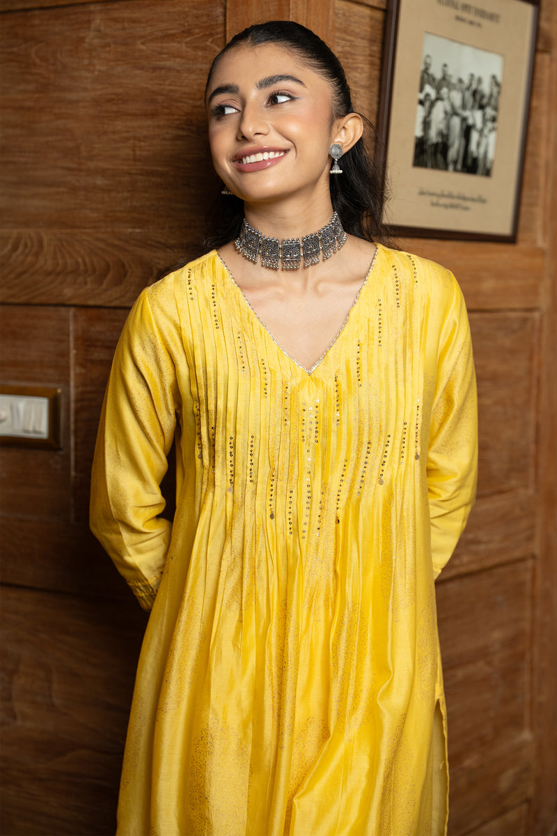 Yellow Chanderi V-Neck Complete Suit Set For Women's