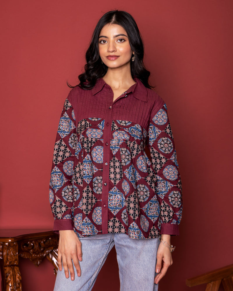 Marron Cotton Collar Short Top For Women's