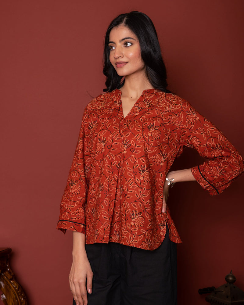 Rust Cotton Collar Bandhani Short Top For Women's