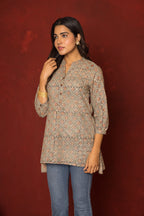 Multicoloured Cotton Collar Handblock Short Top For Women's
