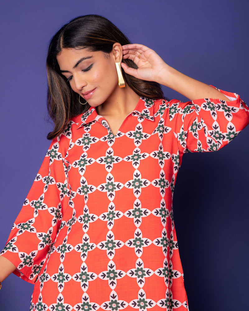 Multicolored Linen Blend Collar Abstract Print Co-Ord Set For Women's