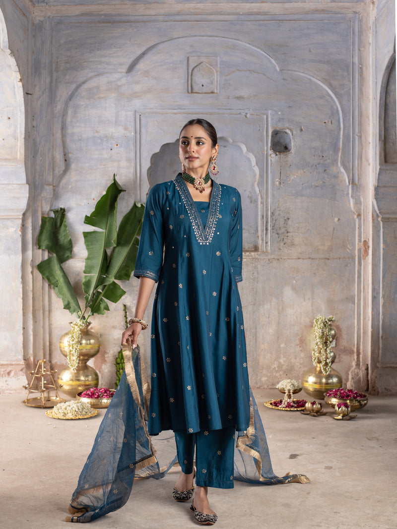 BLUE CHANDERI V NECK  ALL OVER WITH LACE AD KHADI WORK DUPATTA FULL SET