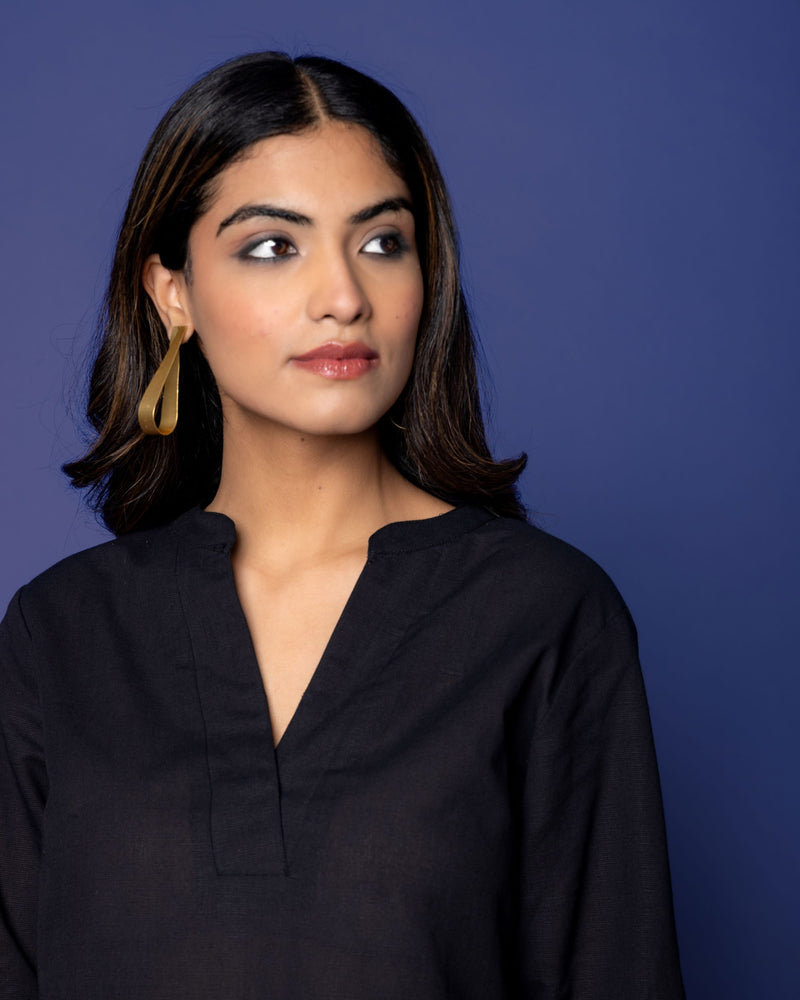 Black Cotton Linen Collar Co-Ord Set For Women's