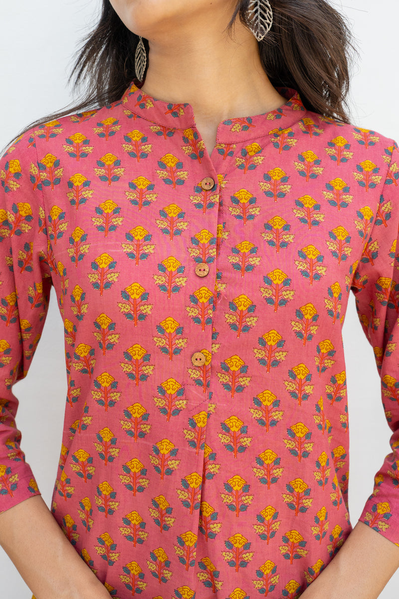 Pink Cotton Printed Kurta For Women's