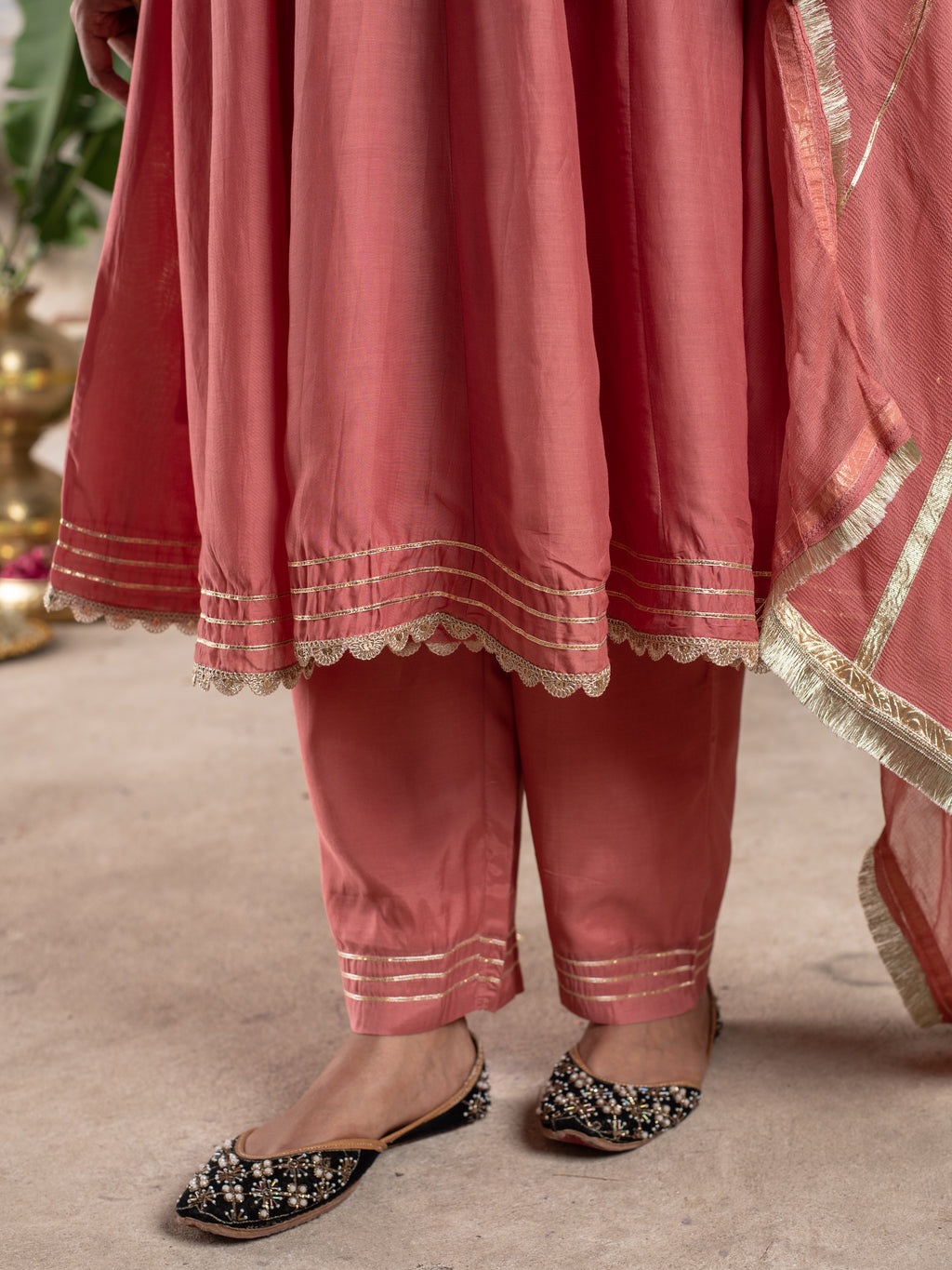 PEACH MUSLIN SILK ANGRAKHA NECK GOTA DORIYA DUPATTA FULL SET