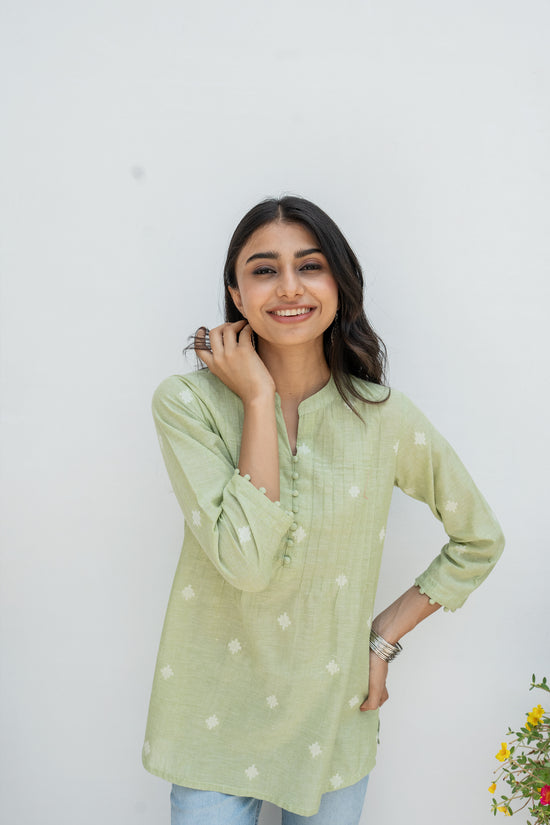 Pastel Green Hnadloom Cotton Short Kurti For Women's