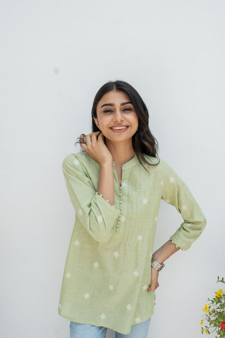 Pastel Green Hnadloom Cotton Short Kurti For Women's