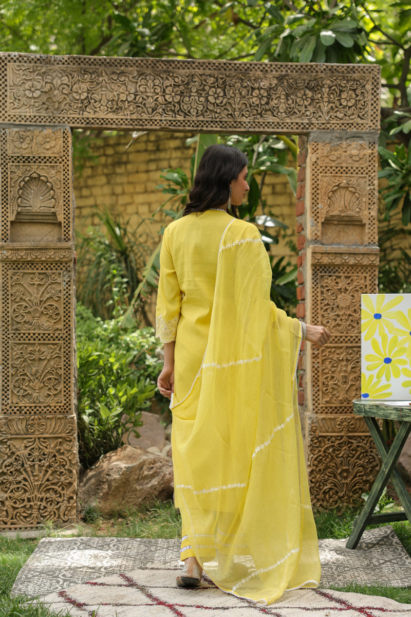 Lemon Yellow Kurta Cotton Dobby-Pant Cotton - With Kota Doriya Dupatta