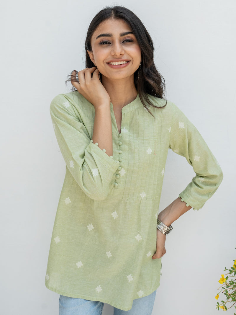 Pastel Green Hnadloom Cotton Short Kurti For Women's