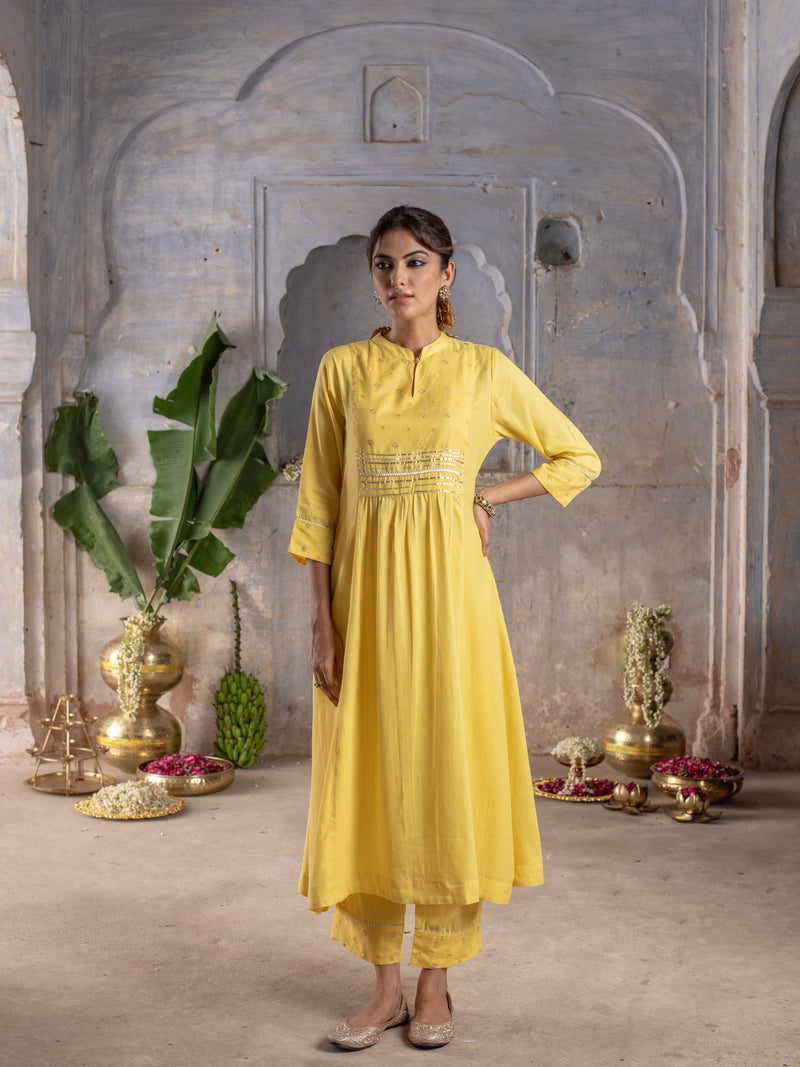 Yellow Jam Cotton Collar Neck Kurta Pant Set For Women's