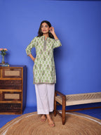 Sea Green Cotton Round Handblock Short Top For Women's