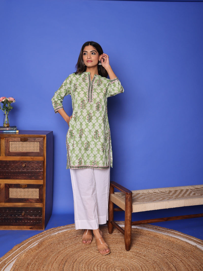 Sea Green Cotton Round Handblock Short Top For Women's